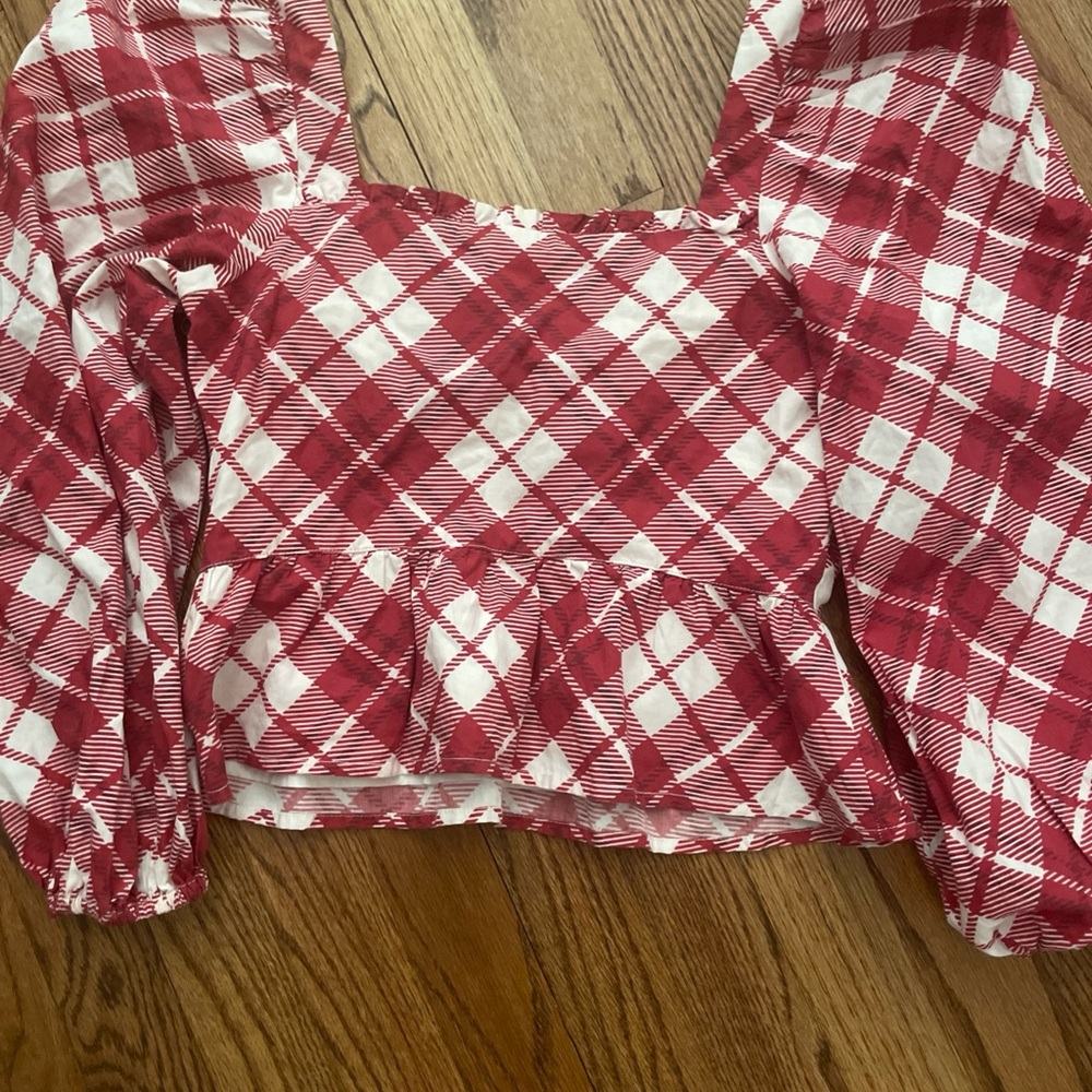 RAHI Red and White Plaid Peplum Blossom Top/Blouse Anthropologie 100% Cotton XS - Picture 5 of 6